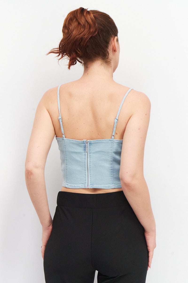 House Brand Women Square Neck Sleeveless Washed Crop Top, Blue - Image 4