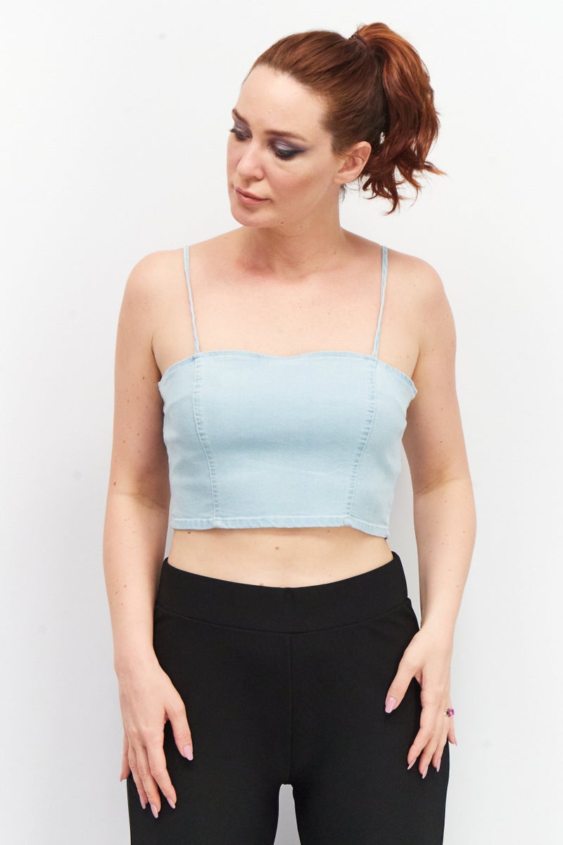 House Brand Women Square Neck Sleeveless Washed Crop Top, Blue - Image 1