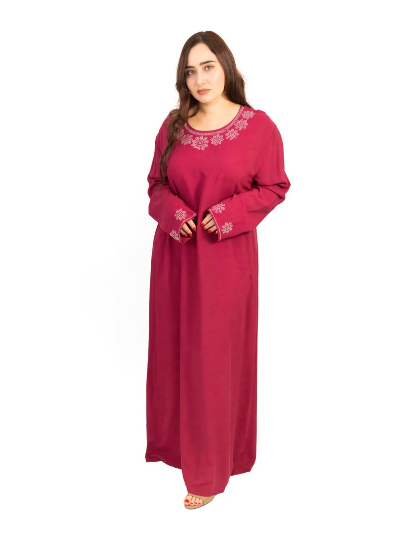 لـيـنـيـل Linelle Wine Red Cotton Rayon Jalabiya with Stone Embellishment - Image 1