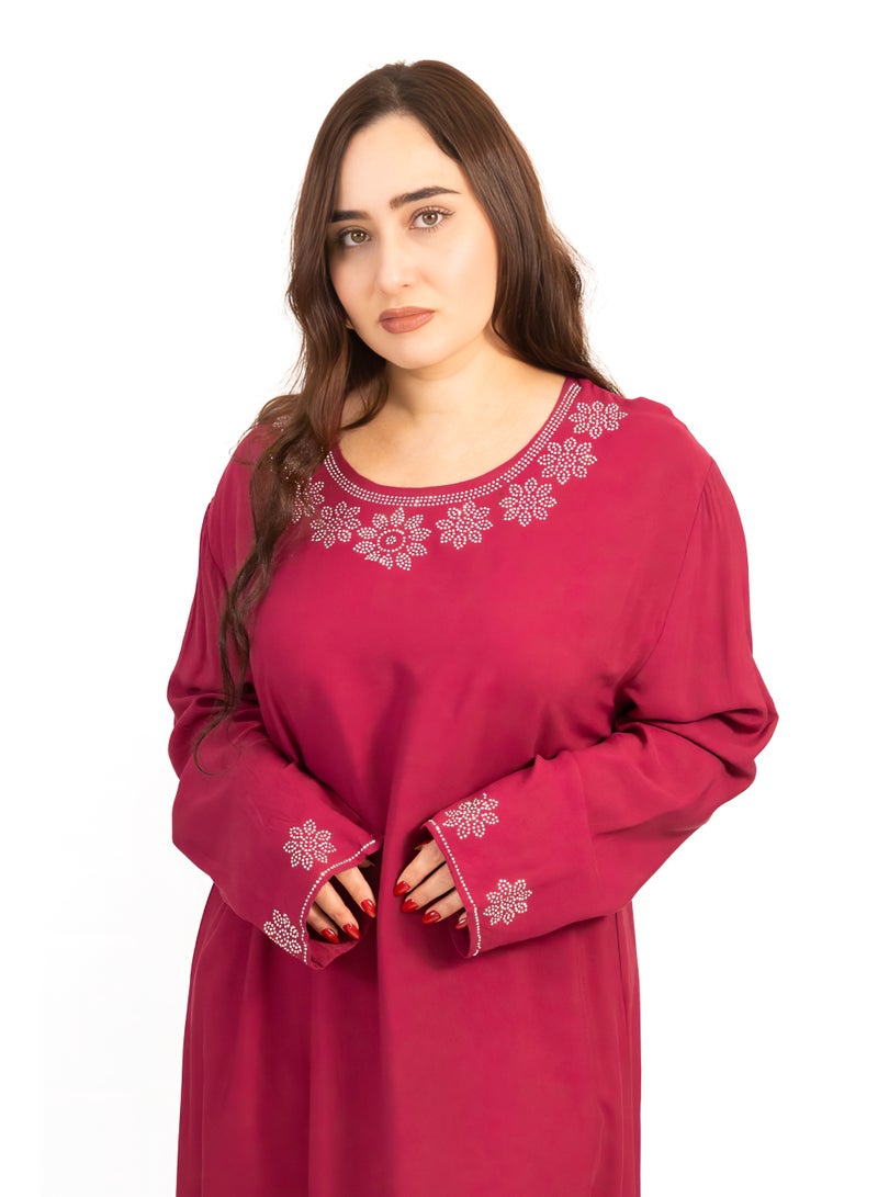 لـيـنـيـل Linelle Wine Red Cotton Rayon Jalabiya with Stone Embellishment - Image 3