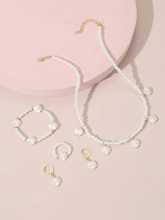 تايك تو Take Two Set of 4 - Flower Pendant Faux Pearl Necklace, Bracelet, Earrings and Ring