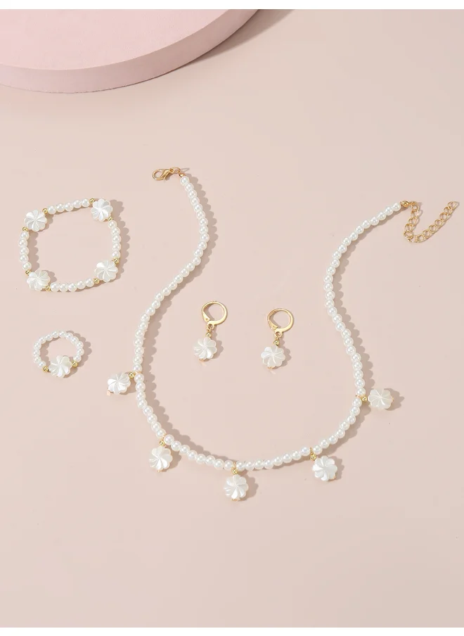 تايك تو Take Two Set of 4 - Flower Pendant Faux Pearl Necklace, Bracelet, Earrings and Ring