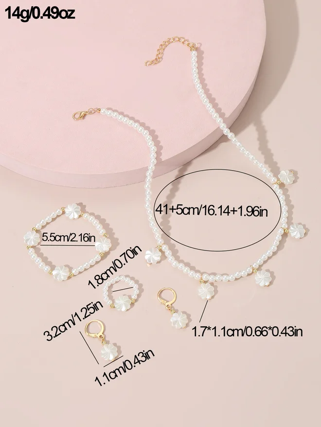 تايك تو Take Two Set of 4 - Flower Pendant Faux Pearl Necklace, Bracelet, Earrings and Ring