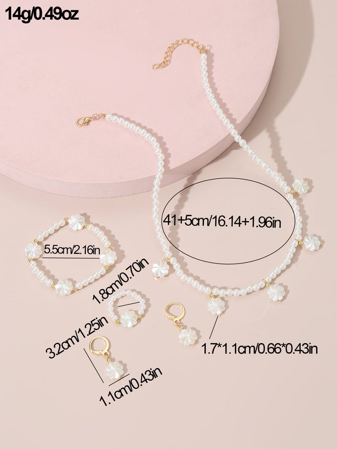 تايك تو طقم قلادة وسوار وأقراط وخاتم بقلادة زهرة ولؤلؤ صناعي من قطعتين  قطع - Image 5
