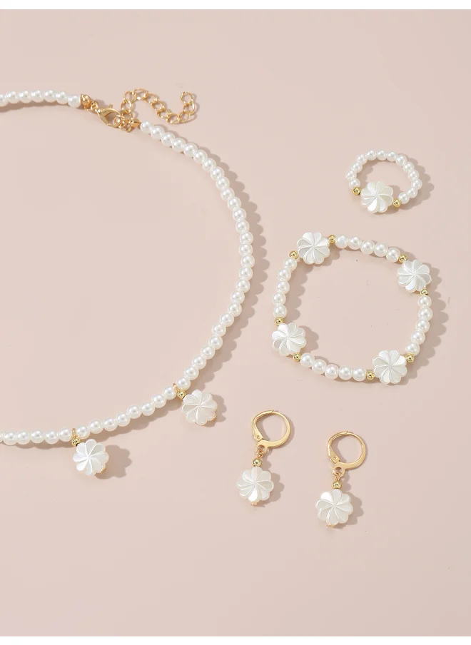 تايك تو Take Two Set of 4 - Flower Pendant Faux Pearl Necklace, Bracelet, Earrings and Ring