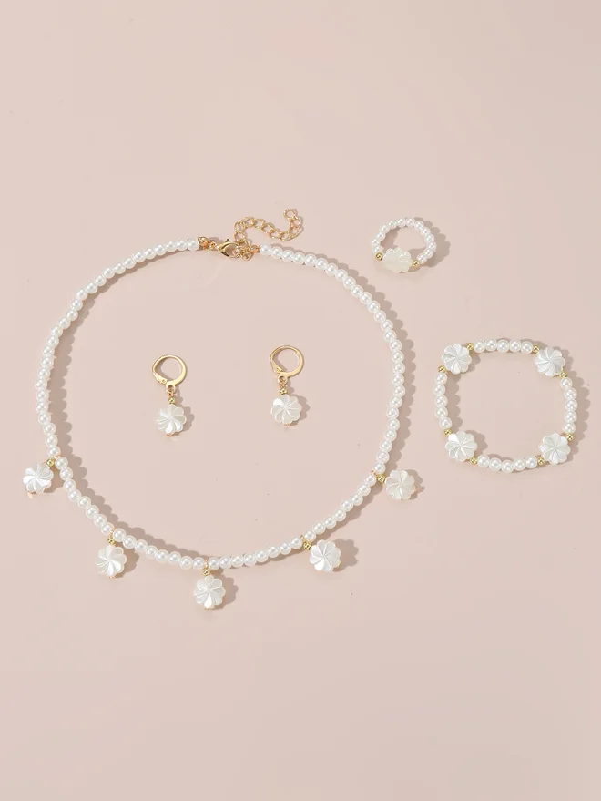تايك تو Take Two Set of 4 - Flower Pendant Faux Pearl Necklace, Bracelet, Earrings and Ring