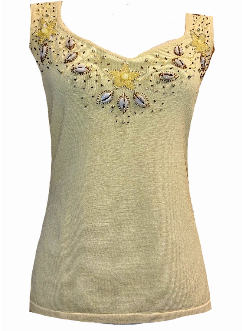 Women yellow shells & sequins top blouse