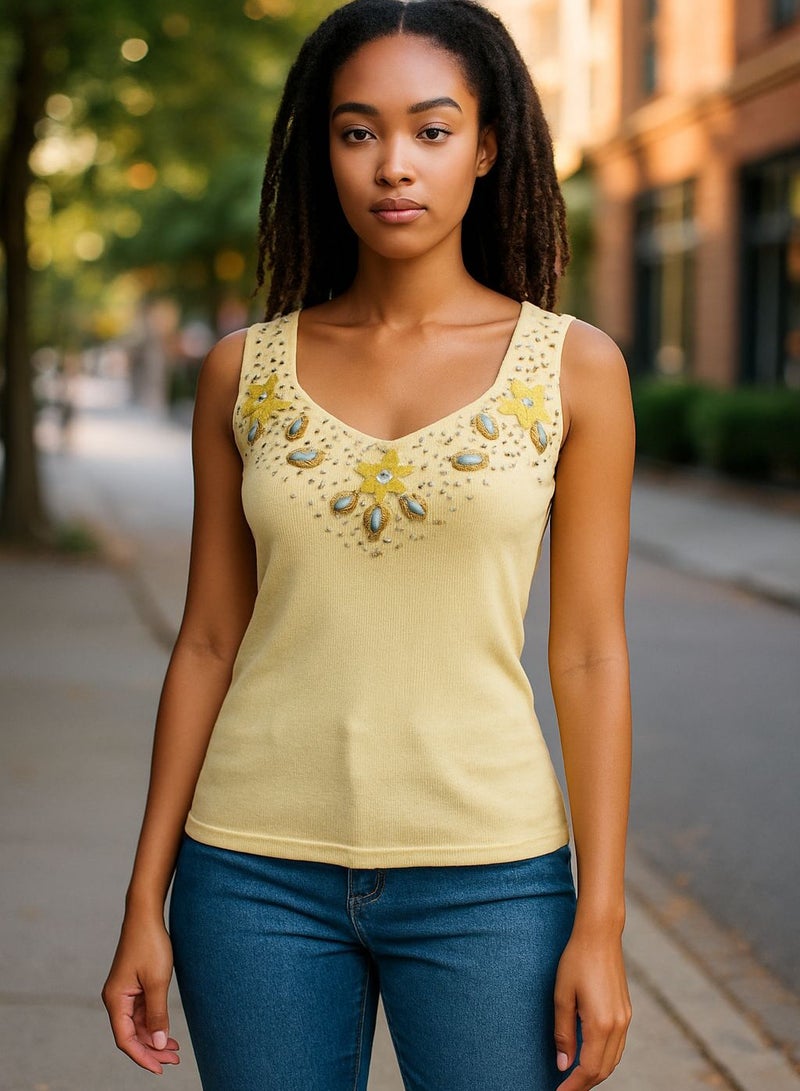 Women yellow shells & sequins top blouse