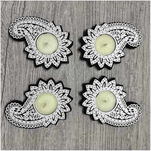 Picrazee Set of 4 Pcs Wooden Decorative Tea Light Candle Holders, Diya Stands, Tea Light Holders, Diwali Decoration Items for Home Decor (Paisley) - Image 3