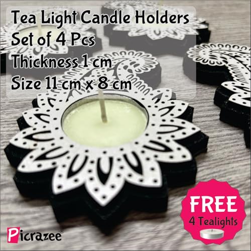 Picrazee Set of 4 Pcs Wooden Decorative Tea Light Candle Holders, Diya Stands, Tea Light Holders, Diwali Decoration Items for Home Decor (Paisley) - Image 2