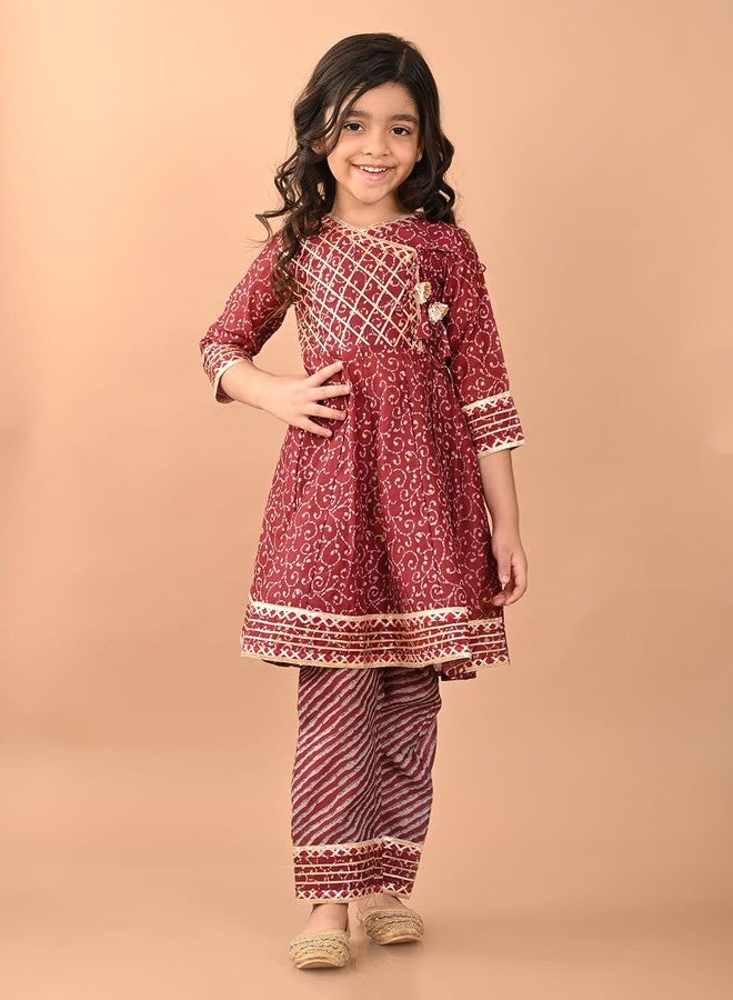 LILPICKS طقم أنغراخا كورتا بالازو مزين بتطريز غوتا باتي بنمط عرقي للفتيات (ماروني) (11-12 سنة) - Image 4