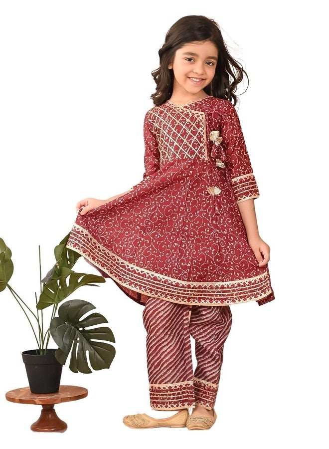 LILPICKS طقم أنغراخا كورتا بالازو مزين بتطريز غوتا باتي بنمط عرقي للفتيات (ماروني) (11-12 سنة) - Image 1