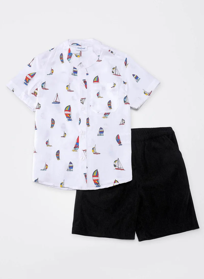 Nautinati Nautinati Boys White 100% Cotton Sailor Print Half Sleeve Shirt with Black Corduroy Shorts