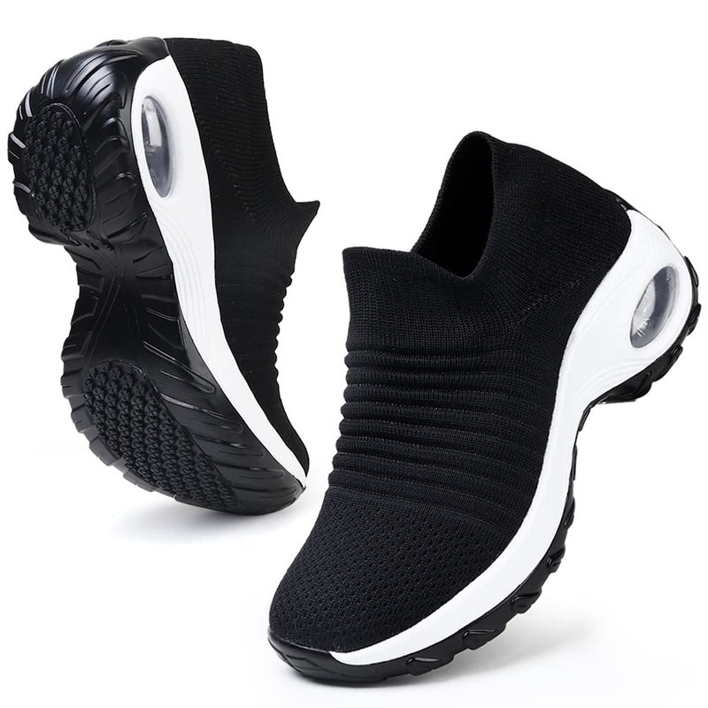 HKR Walking Shoes for Women Summer Slip On Platform Tennis Sneakers Breathable Black/White 7(ZJW1839heibai38) - Image 1