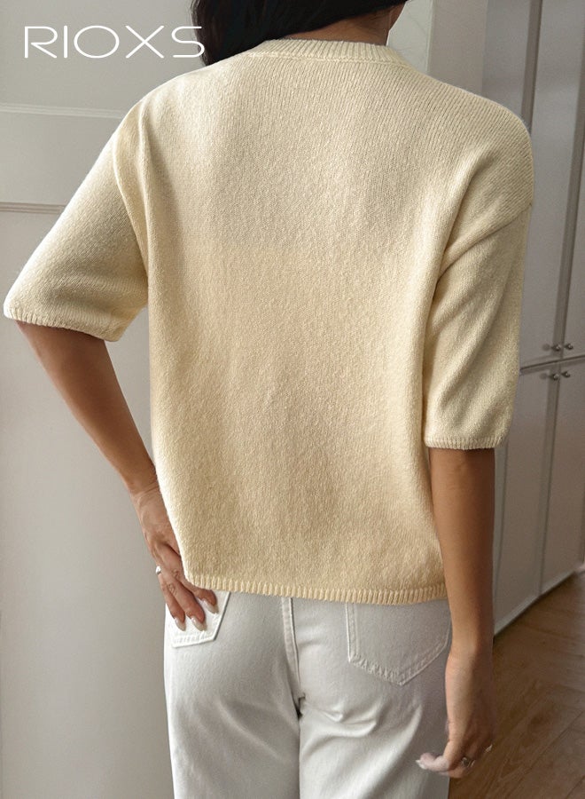 RIOXS Womens Short Sleeve Sweater, Crew Neck Knit Sweaters for Ladies, Lightweight Fall Casual Pullover Tops Business Outfits for  Work Travel Daily Wearing, Apricot - Image 3