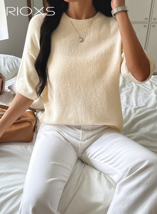 RIOXS Womens Short Sleeve Sweater, Crew Neck Knit Sweaters for Ladies, Lightweight Fall Casual Pullover Tops Business Outfits for  Work Travel Daily Wearing, Apricot - Image 2