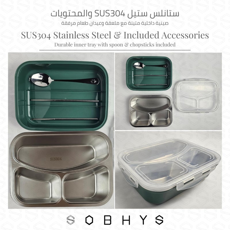 SOBHYS Stainless Steel Lunch Box with 3 Compartments, SUS304 Inner Tray, Spoon and Chopsticks Included, Leak-Resistant Silicone Seal for Daily Meals at Work, School, or Outdoors SOBHYS (Green) - Image 3