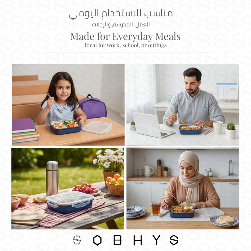 SOBHYS Stainless Steel Lunch Box with 3 Compartments, SUS304 Inner Tray, Spoon and Chopsticks Included, Leak-Resistant Silicone Seal for Daily Meals at Work, School, or Outdoors SOBHYS (Green) - Image 4