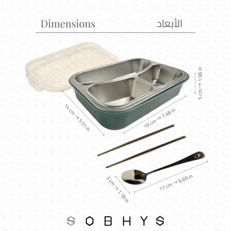 SOBHYS Stainless Steel Lunch Box with 3 Compartments, SUS304 Inner Tray, Spoon and Chopsticks Included, Leak-Resistant Silicone Seal for Daily Meals at Work, School, or Outdoors SOBHYS (Green) - Image 2