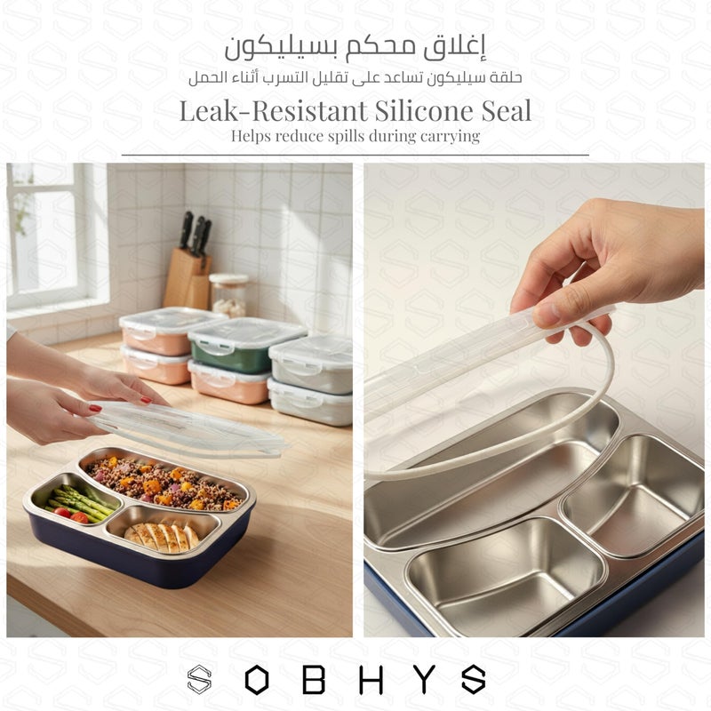 SOBHYS Stainless Steel Lunch Box with 3 Compartments, SUS304 Inner Tray, Spoon and Chopsticks Included, Leak-Resistant Silicone Seal for Daily Meals at Work, School, or Outdoors SOBHYS (Green) - Image 5