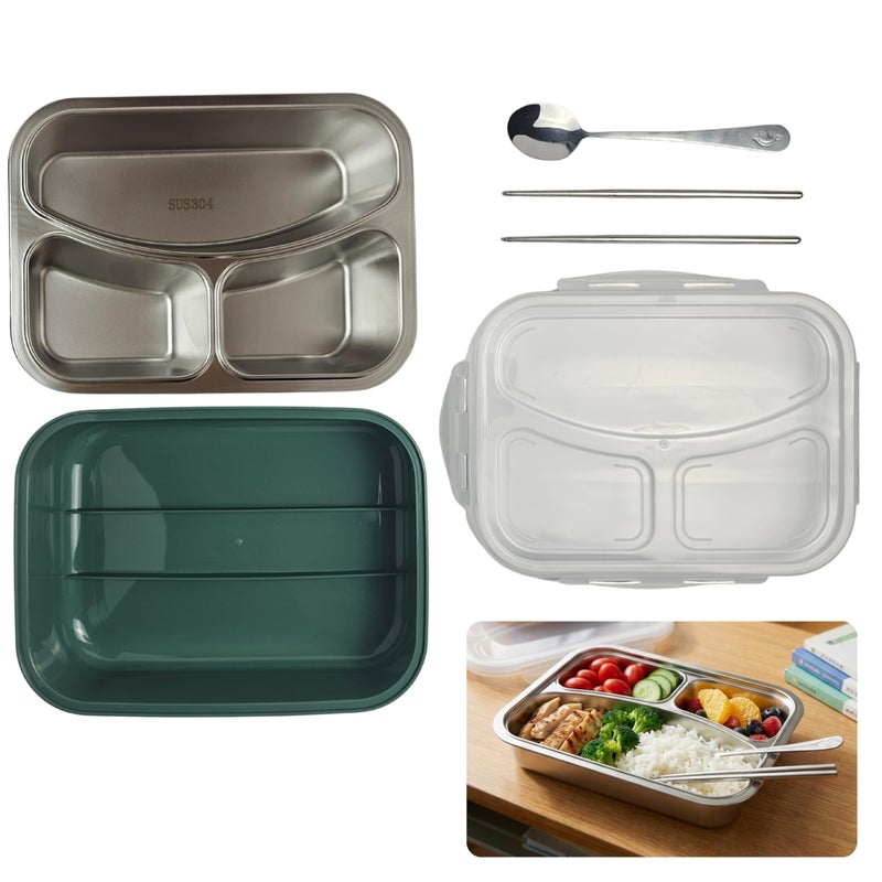 SOBHYS Stainless Steel Lunch Box with 3 Compartments, SUS304 Inner Tray, Spoon and Chopsticks Included, Leak-Resistant Silicone Seal for Daily Meals at Work, School, or Outdoors SOBHYS (Green) - Image 1