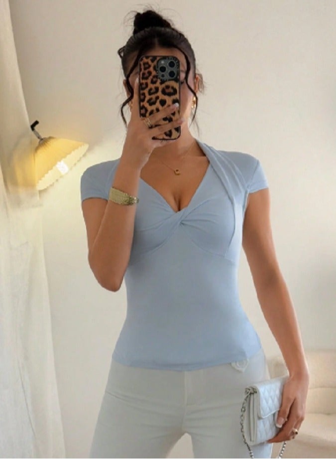 Shein Women Solid Color Twist Front Capped Sleeve Slim Fit Casual T-Shirt  - Image 4