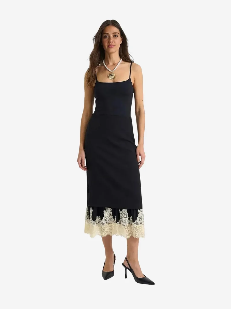 Bianco Lucci Black LUCCI High Waist Midi Skirt with Lace Bottom for Women | Best Price UAE
