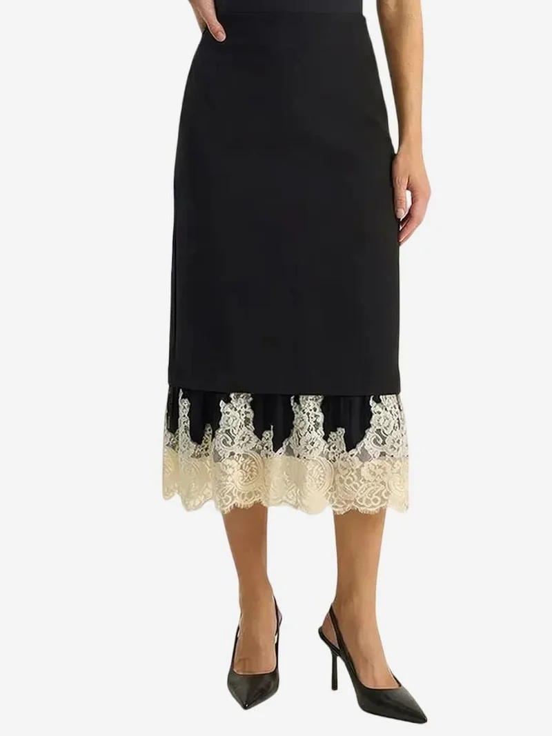 Bianco Lucci LUCCI High Waist Midi Skirt with Lace Bottom