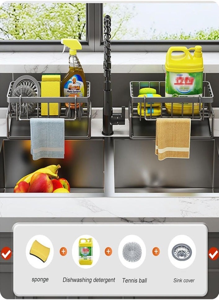 XVersion Sink Organiser, Kitchen Organiser Stainless Steel with Self-Draining Tray for Sponge Holder, Towel Holder, Dish Cloth Holder, Super Organiser for Kitchen and Bathroom  - Image 2