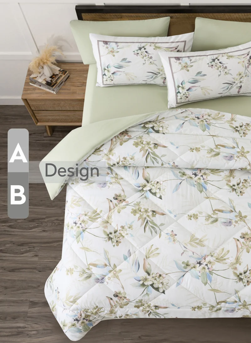 Donetella Comforter Set 6-Pcs King Size Printed Reversible Double Bed FIt 200 x 200 CM All Season Comforter With (350 GSM) Down Alternative Filling, Pastel Grey