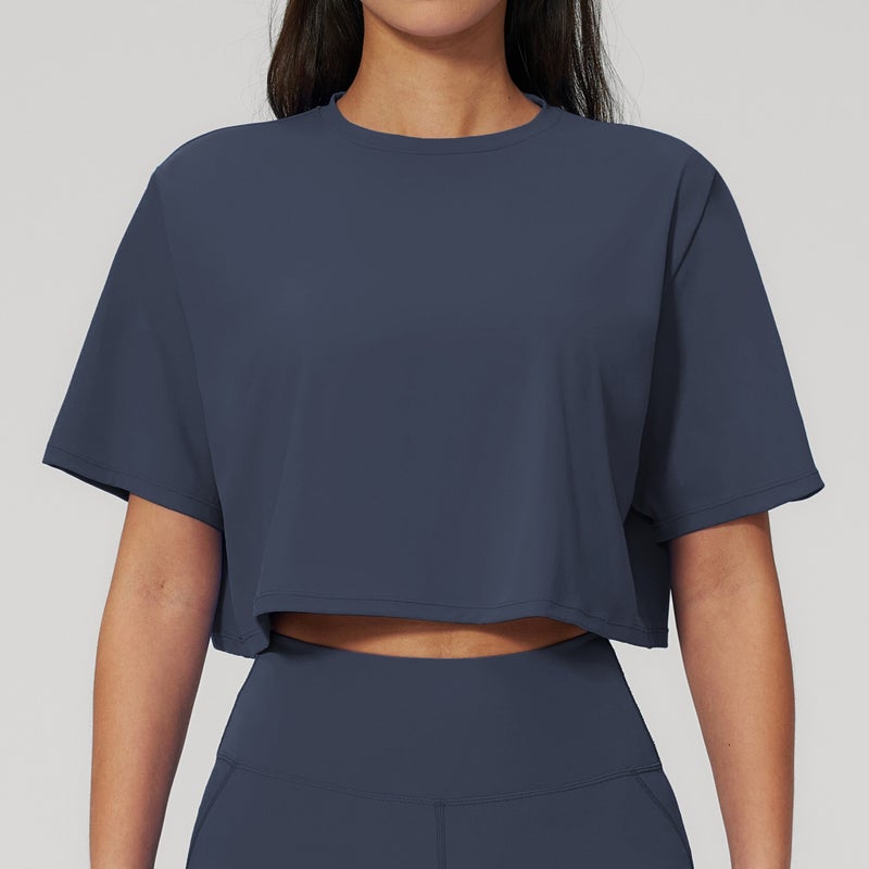 Women's Loose Fit Yoga T-Shirt Short Sleeve Crop Top Round Neck Breathable Athletic Running Gym Top