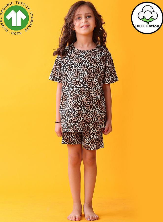 Anthrilo Girls Leopard Print Cotton T-Shirt and Shorts Set - Image 1