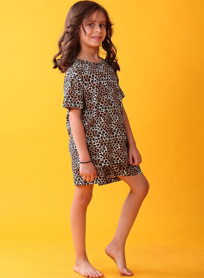 Anthrilo Girls Leopard Print Cotton T-Shirt and Shorts Set - Image 3