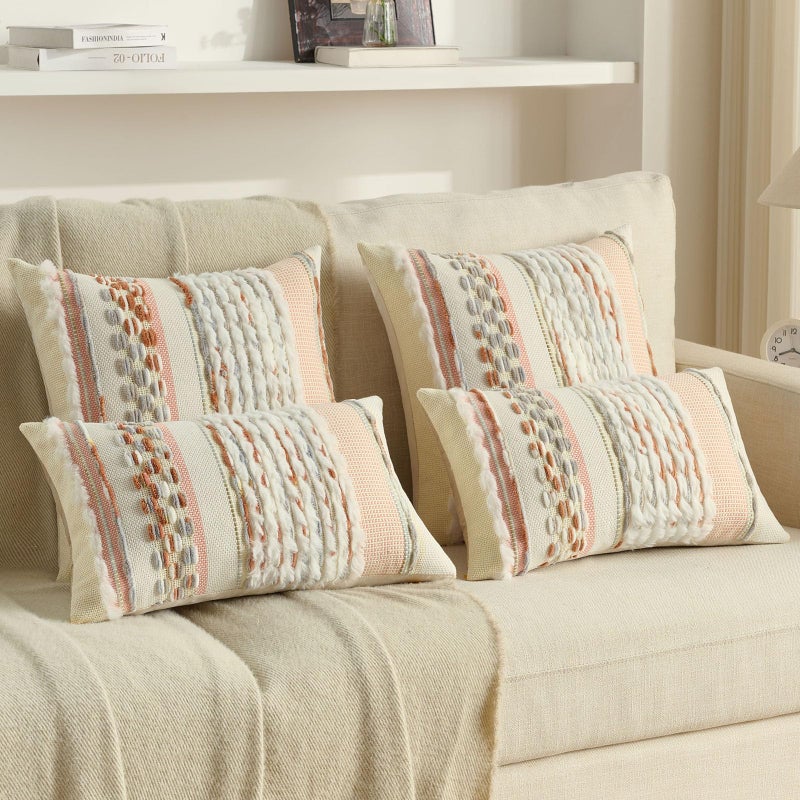 FUTEI Grey Blue Coral Accent Throw Pillow Covers Set of 2, 18x18 Inch Plush Tufted Striped Textured Decorative Cushion Cases for Farmhouse Boho Couch Decor - Image 5