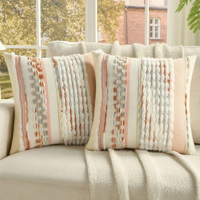 FUTEI Grey Blue Coral Accent Throw Pillow Covers Set of 2, 18x18 Inch Plush Tufted Striped Textured Decorative Cushion Cases for Farmhouse Boho Couch Decor - Image 1
