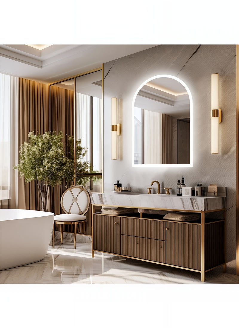 Arc LED Mirror with Touch Control Side Lights, 3 Adjustable Brightness Levels, Wall Mounted Mirror for Bathroom, Living Room, Bedroom, Vanity Table - 70X40cm