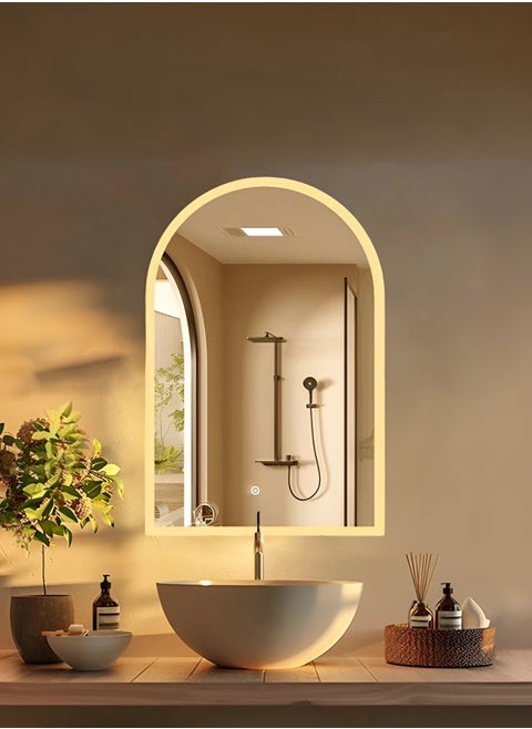 Arc LED Mirror with Touch Control Side Lights, 3 Adjustable Brightness Levels, Wall Mounted Mirror for Bathroom, Living Room, Bedroom, Vanity Table - 70X40cm
