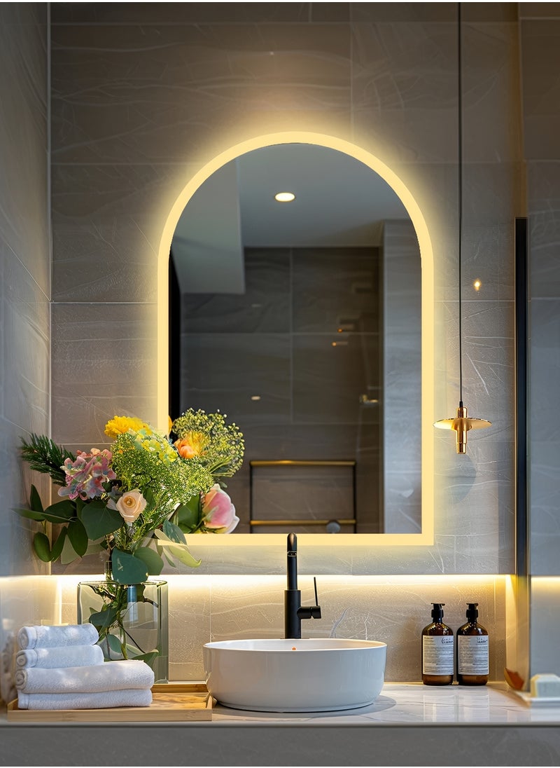 Arc LED Mirror with Touch Control Side Lights, 3 Adjustable Brightness Levels, Wall Mounted Mirror for Bathroom, Living Room, Bedroom, Vanity Table - 70X40cm