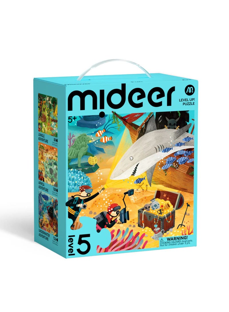 MiDeer Level Up! Puzzles with Storage Bag – Level 5 Wonderful Adventure Puzzle Set for Kids Ages 5+ | 3 Progressive Jigsaw Puzzles 88–128 Pieces | Forest, Plains & Ocean Animal Exploration Puzzle  - Image 1