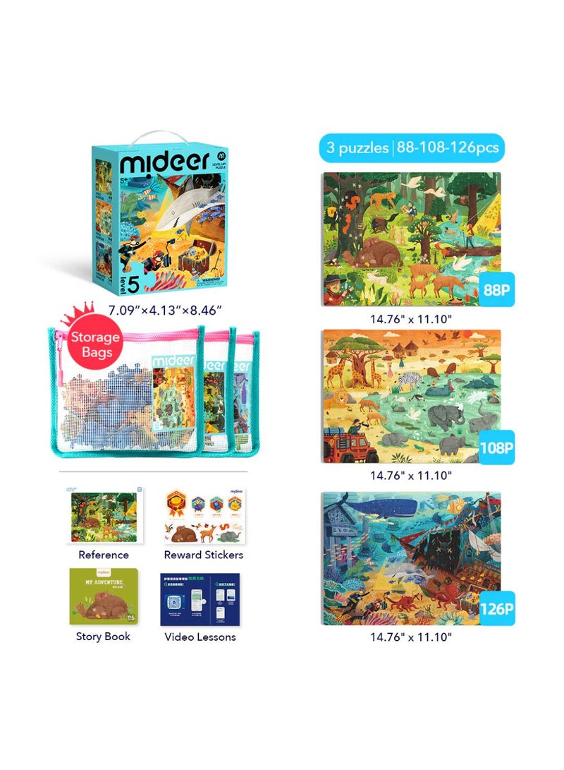 MiDeer Level Up! Puzzles with Storage Bag – Level 5 Wonderful Adventure Puzzle Set for Kids Ages 5+ | 3 Progressive Jigsaw Puzzles 88–128 Pieces | Forest, Plains & Ocean Animal Exploration Puzzle  - Image 4