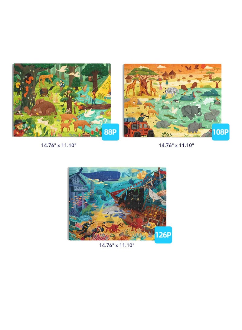 MiDeer Level Up! Puzzles with Storage Bag – Level 5 Wonderful Adventure Puzzle Set for Kids Ages 5+ | 3 Progressive Jigsaw Puzzles 88–128 Pieces | Forest, Plains & Ocean Animal Exploration Puzzle  - Image 3