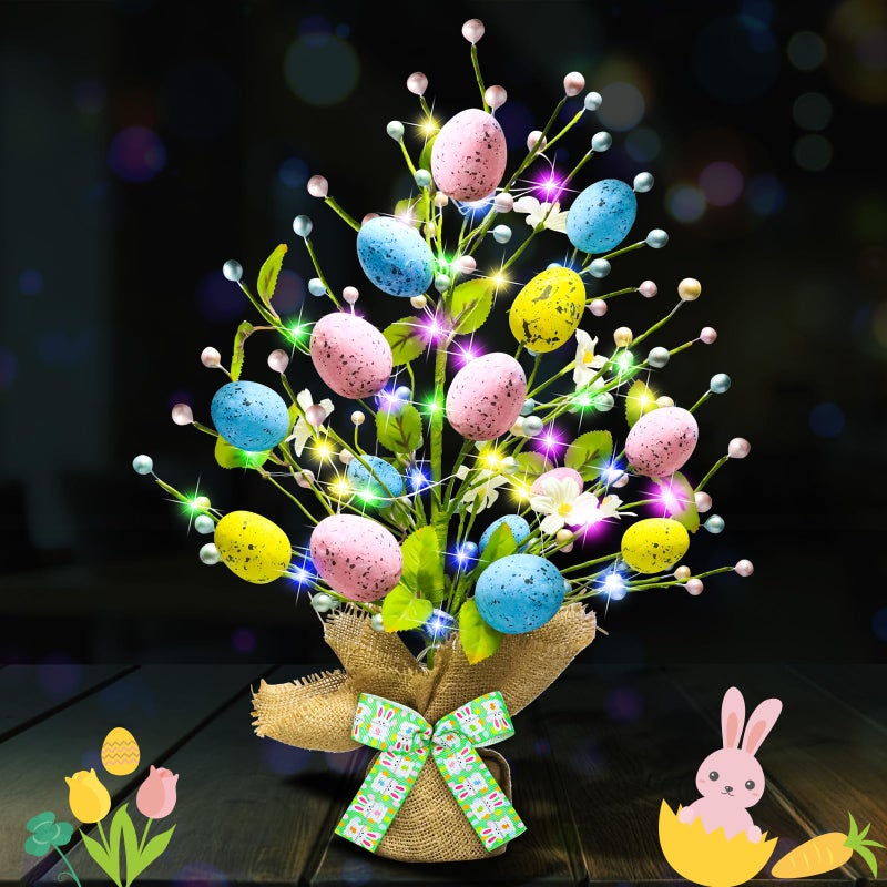 Kenburg Lighted Easter Decorations 20'' Egg Tree for Tabletop Decor, Timer Egg Tree Ornaments, Easter Artificial Tree for Centerpiece Table Indoor Outdoor Spring Home Decorations - Image 1