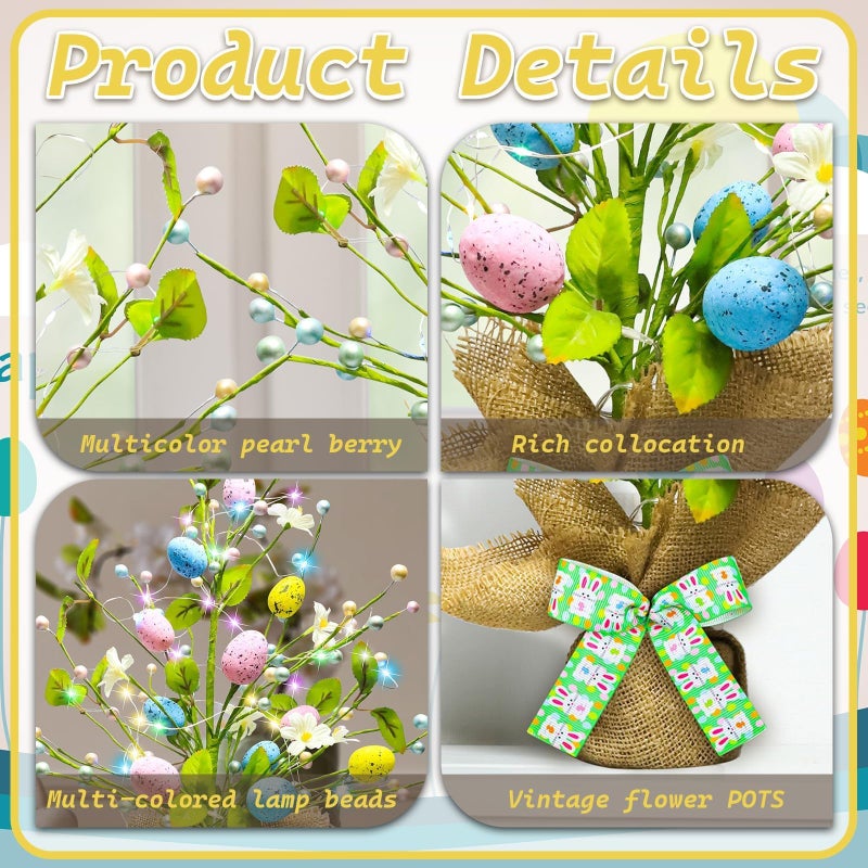 Kenburg Lighted Easter Decorations 20'' Egg Tree for Tabletop Decor, Timer Egg Tree Ornaments, Easter Artificial Tree for Centerpiece Table Indoor Outdoor Spring Home Decorations - Image 4