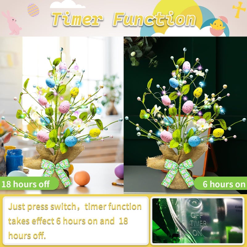 Kenburg Lighted Easter Decorations 20'' Egg Tree for Tabletop Decor, Timer Egg Tree Ornaments, Easter Artificial Tree for Centerpiece Table Indoor Outdoor Spring Home Decorations - Image 3
