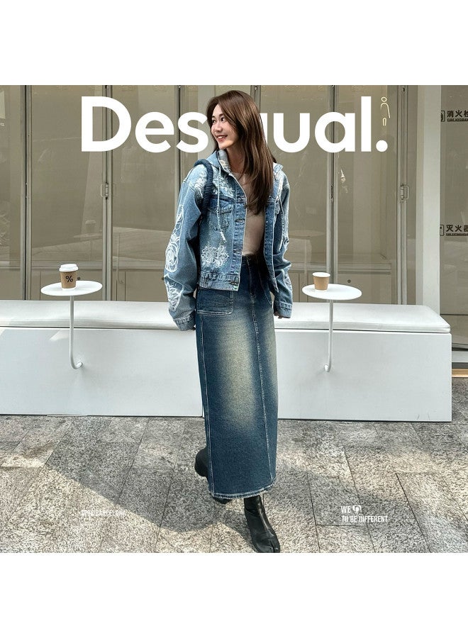 DESIGUAL ss25 Washed Multi-color Patchwork Denim Skirt With Leather Logo Tag - Image 3