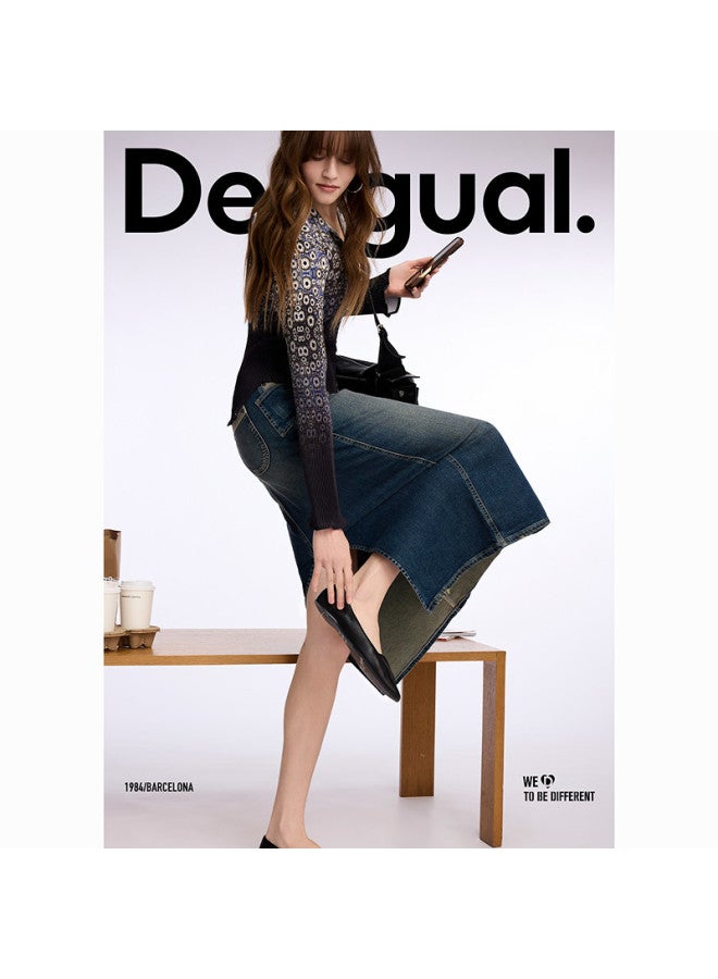 DESIGUAL ss25 Washed Multi-color Patchwork Denim Skirt With Leather Logo Tag - Image 4