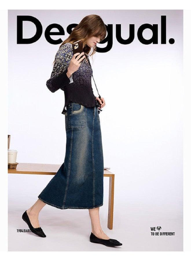 DESIGUAL ss25 Washed Multi-color Patchwork Denim Skirt With Leather Logo Tag - Image 1