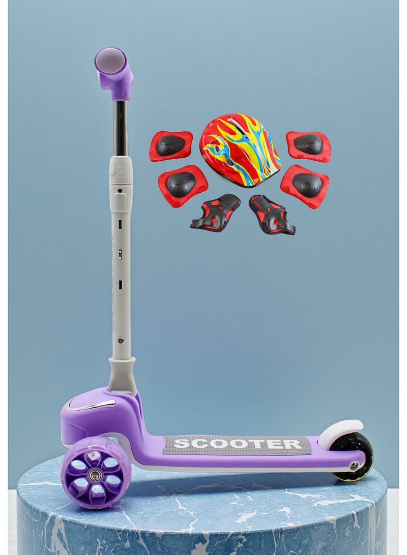 EASY FUTURE 3-8 Years Kids Scooter with Foldable Frame, Adjustable Handlebar, LED PU Wheels, Rear Brake & Built-in Music Including Full Protective Gear Set - Image 1