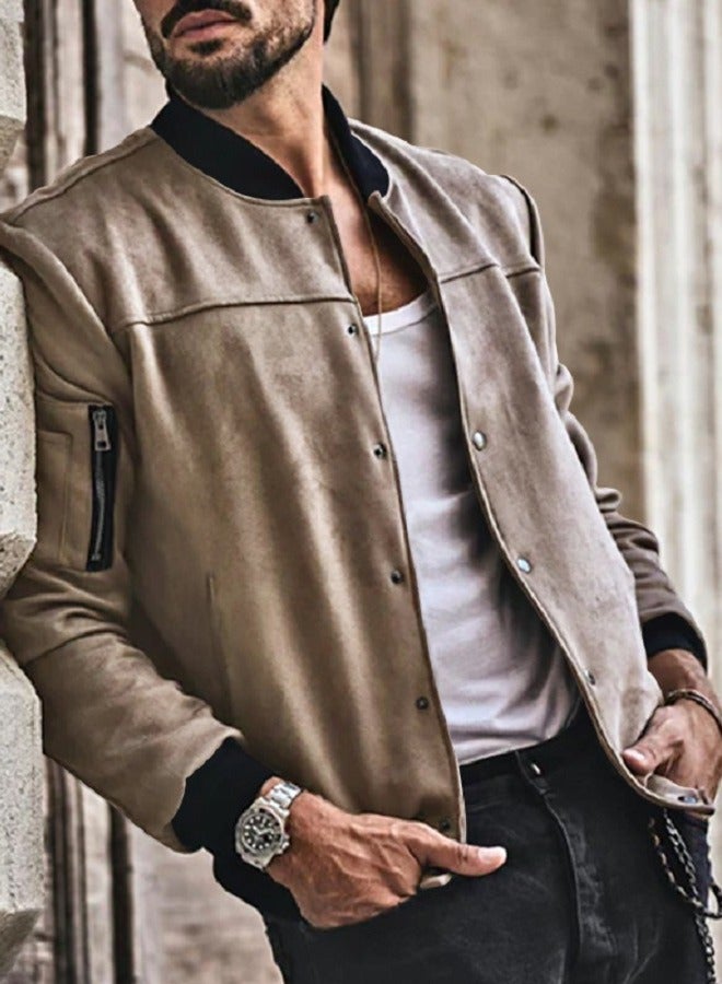 Men Suede Stand-up Collar Bomber Jacket
