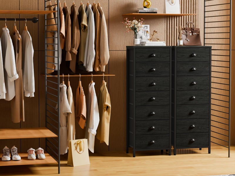 Furnulem Bedroom Dresser, Tall Chests of Drawers with 7 Fabric Bins, Black Organizer in Closet, Dorm, Living Room, Nursery, Hallyway-Storage Tower Unit, Sturdy Steel Frame - Image 5